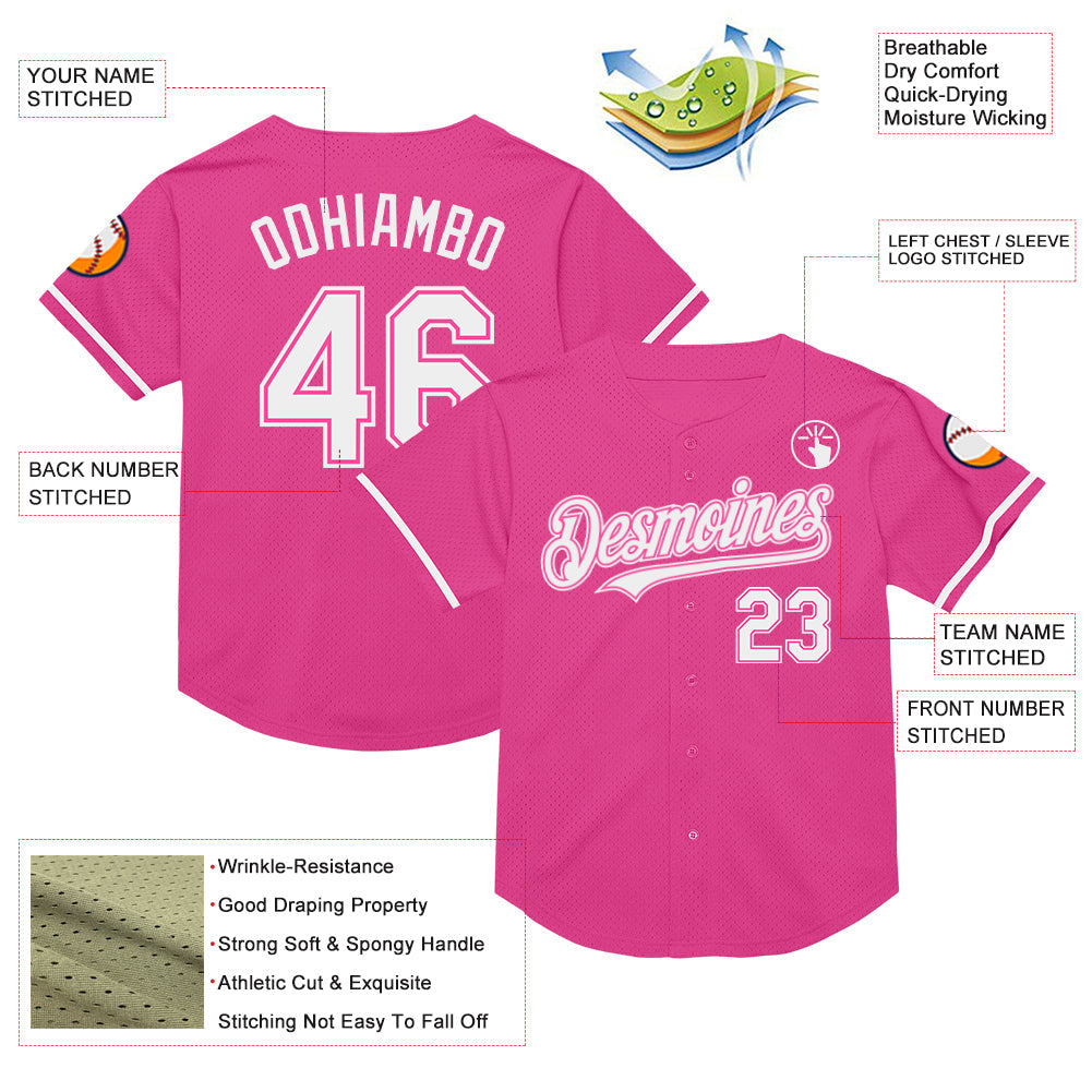 Custom Pink White Mesh Authentic Throwback Baseball Jersey view 3