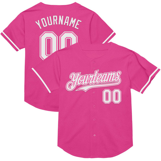 Custom Pink White Mesh Authentic Throwback Baseball Jersey - Main View