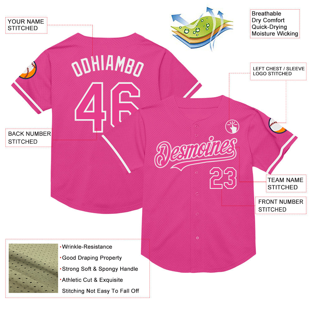 Custom Pink White Mesh Authentic Throwback Baseball Jersey view 3