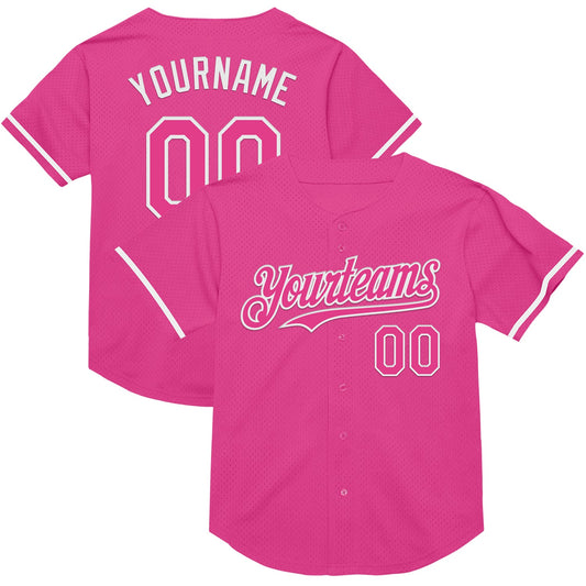 Custom Pink White Mesh Authentic Throwback Baseball Jersey - Main View