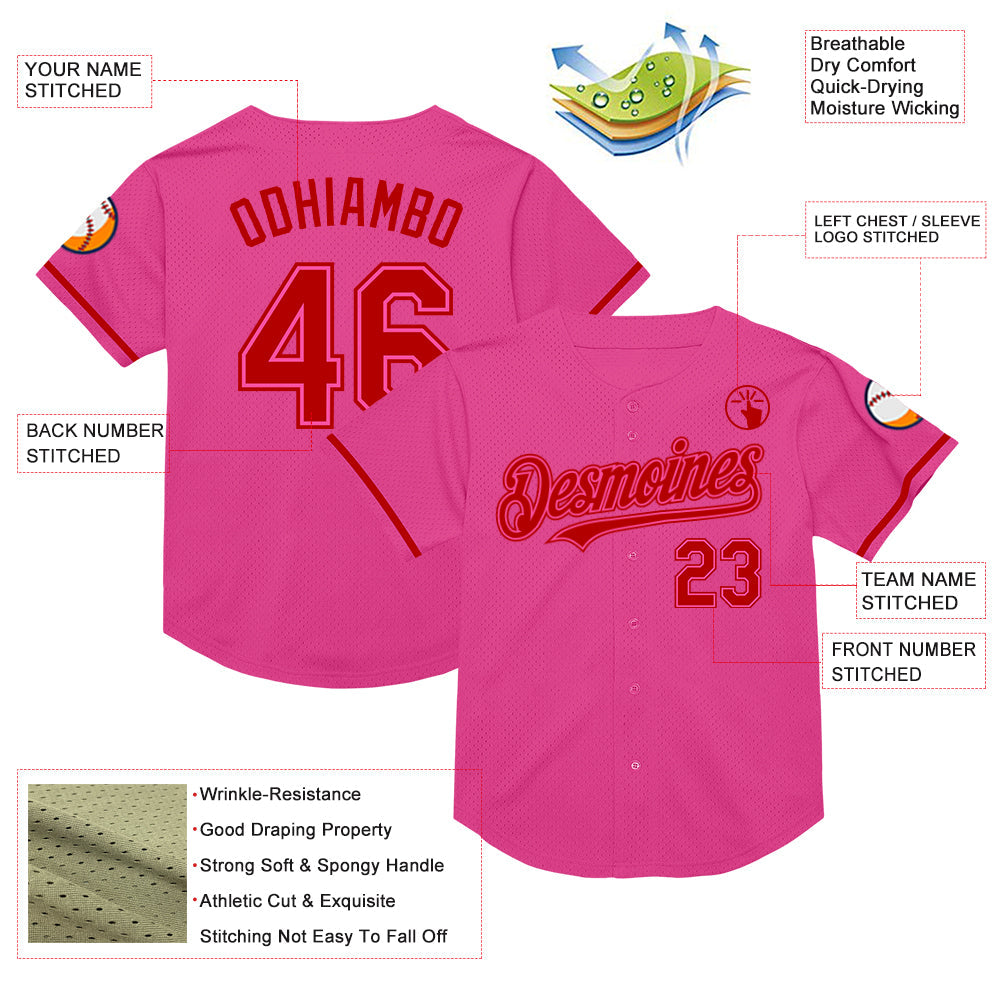 Custom Pink Red Mesh Authentic Throwback Baseball Jersey view 3