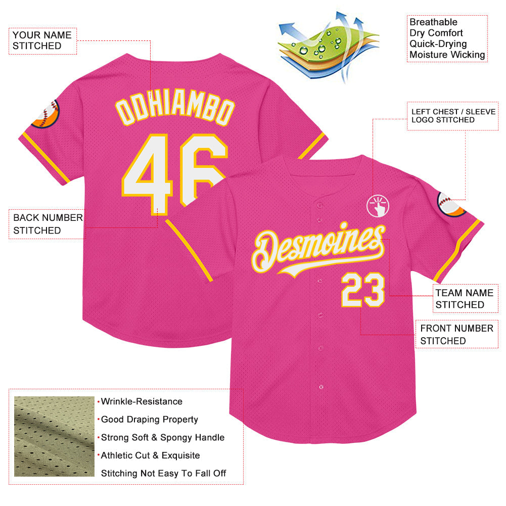 Custom Pink White-Yellow Mesh Authentic Throwback Baseball Jersey view 3
