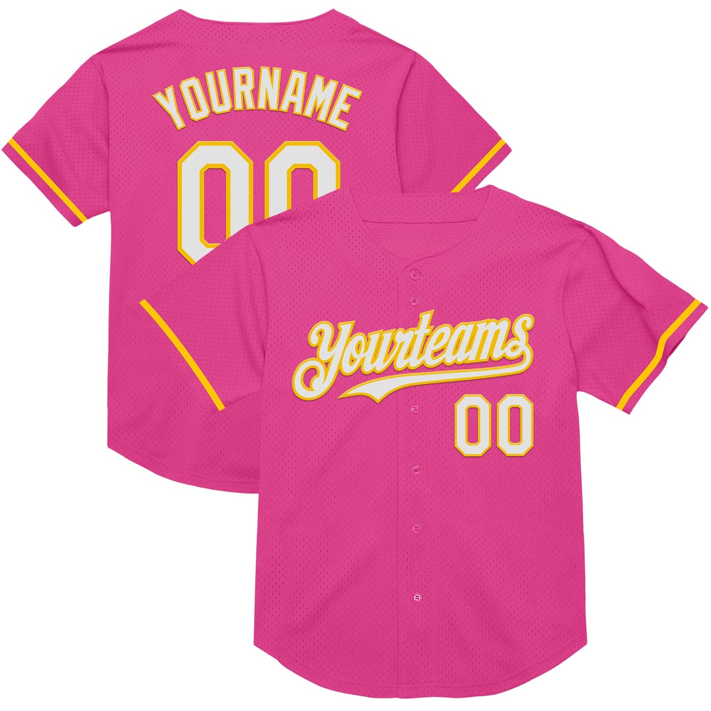 Custom Pink White-Yellow Mesh Authentic Throwback Baseball Jersey - Main View