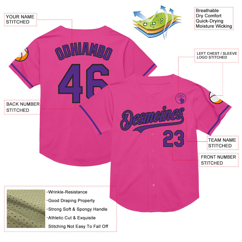 Custom Pink Purple-Black Mesh Authentic Throwback Baseball Jersey view 3