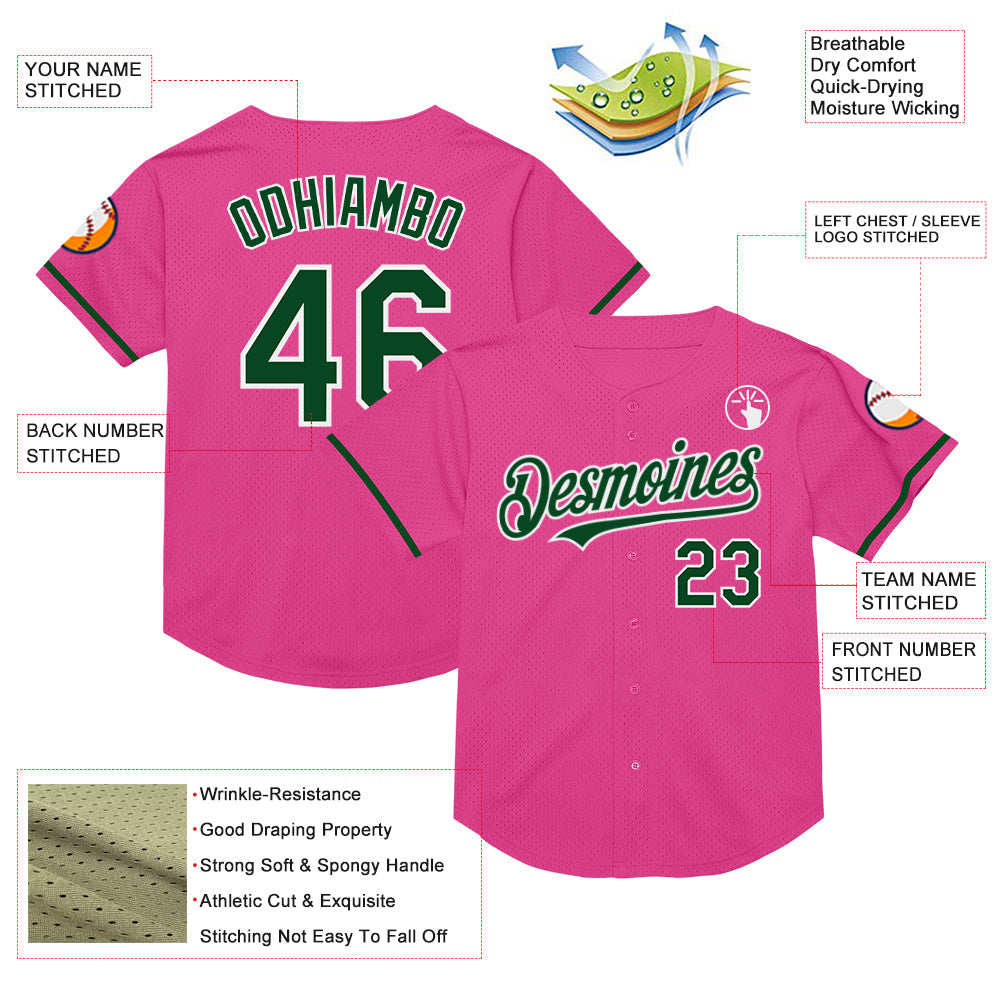 Custom Pink Green-White Mesh Authentic Throwback Baseball Jersey view 3