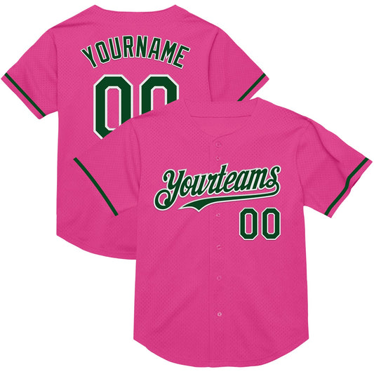 Custom Pink Green-White Mesh Authentic Throwback Baseball Jersey - Main View