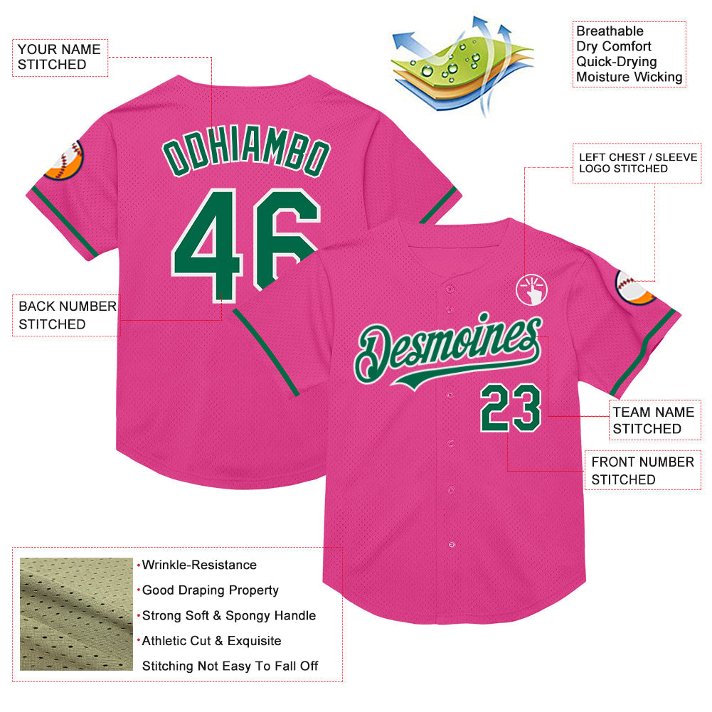 Custom Pink Kelly Green-White Mesh Authentic Throwback Baseball Jersey view 3
