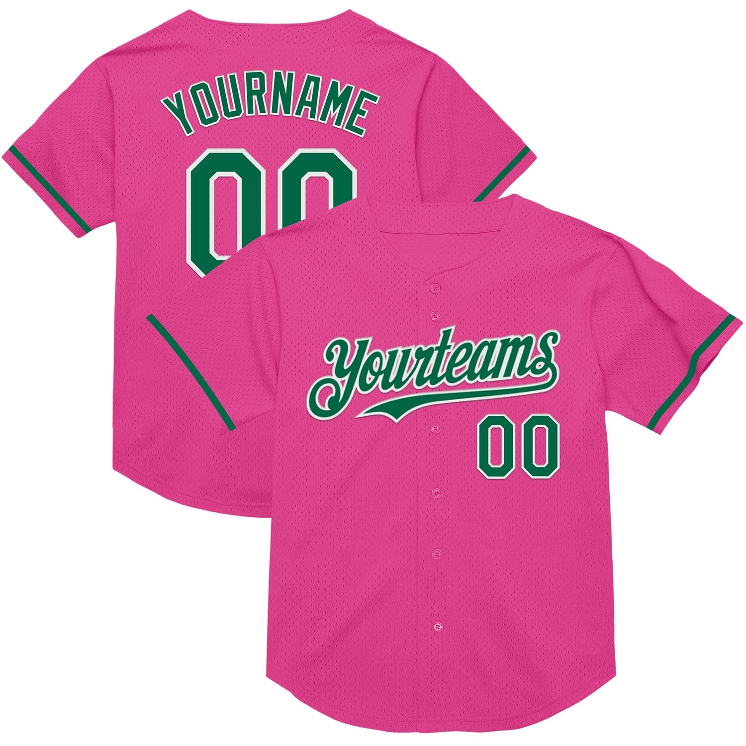 Custom Pink Kelly Green-White Mesh Authentic Throwback Baseball Jersey - Main View