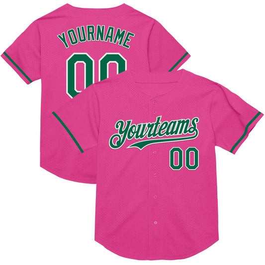 Custom Pink Kelly Green-White Mesh Authentic Throwback Baseball Jersey - Main View