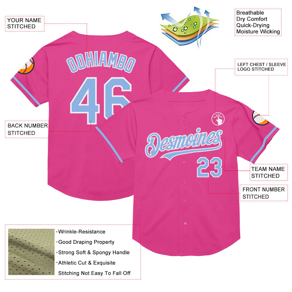 Custom Pink Light Blue-White Mesh Authentic Throwback Baseball Jersey view 3