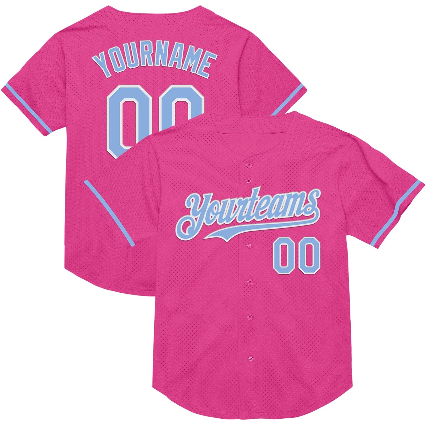 Custom Pink Light Blue-White Mesh Authentic Throwback Baseball Jersey - Main View
