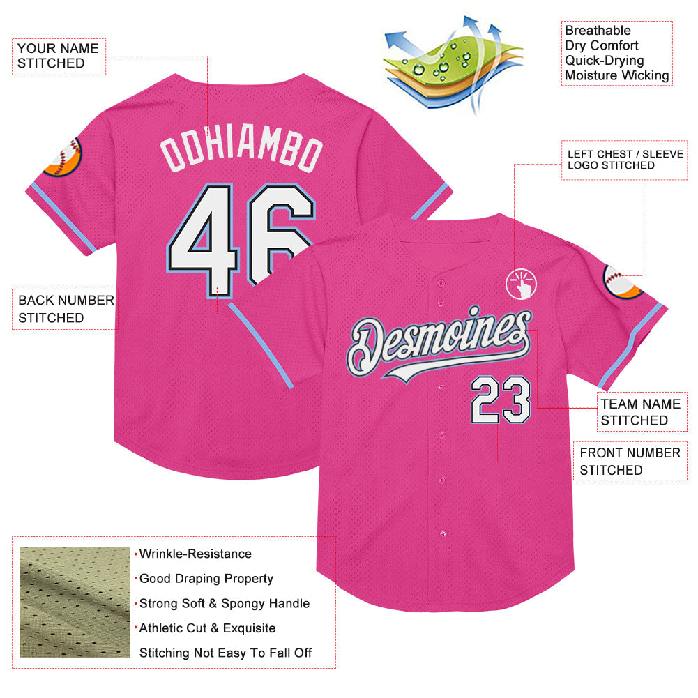 Custom Pink Black-Light Blue Mesh Authentic Throwback Baseball Jersey view 3