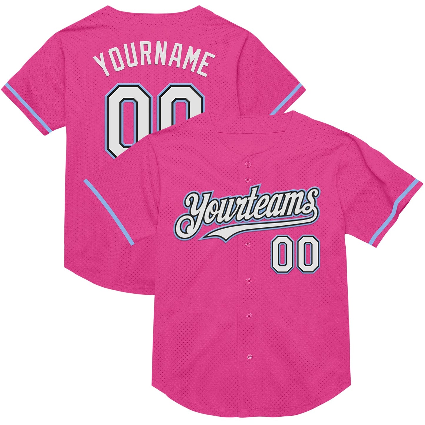 Custom Pink Black-Light Blue Mesh Authentic Throwback Baseball Jersey - Main View