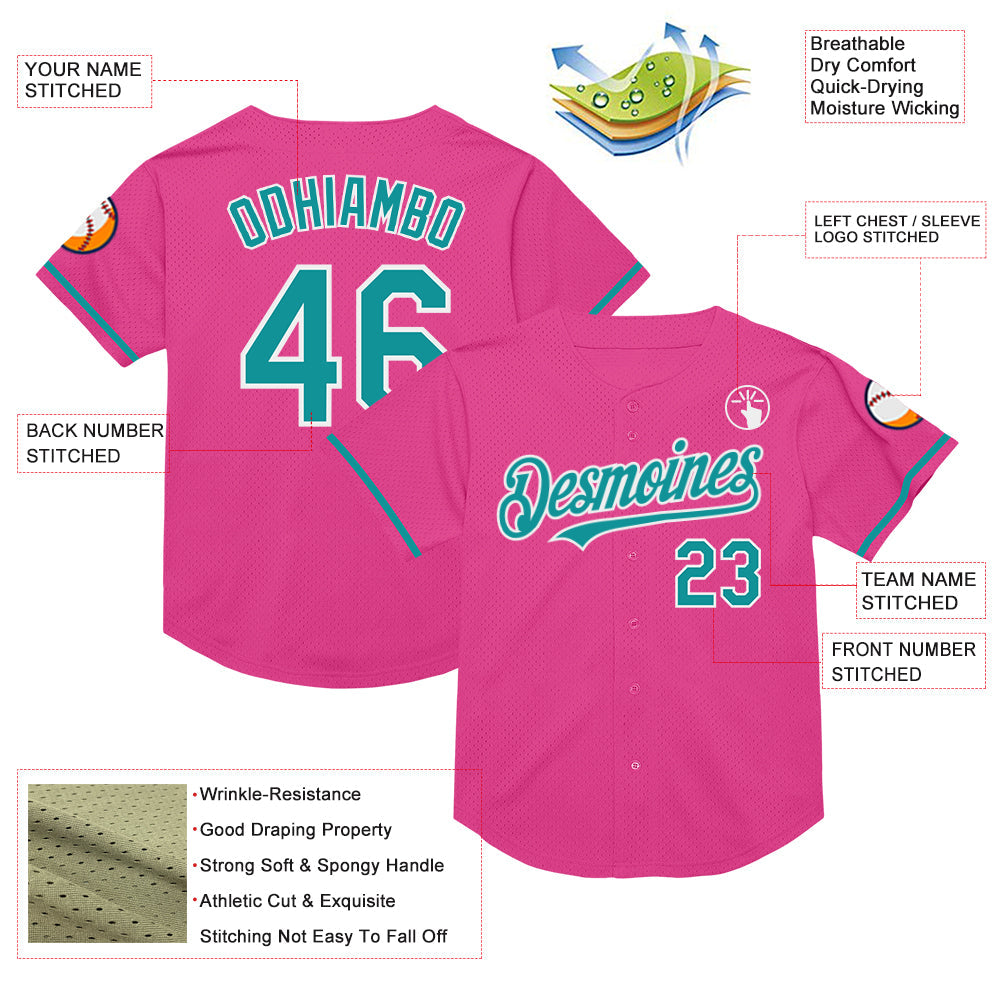Custom Pink Teal-White Mesh Authentic Throwback Baseball Jersey view 3