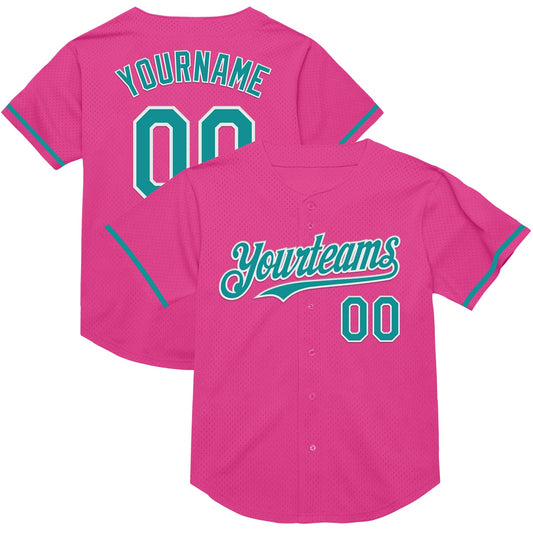 Custom Pink Teal-White Mesh Authentic Throwback Baseball Jersey - Main View