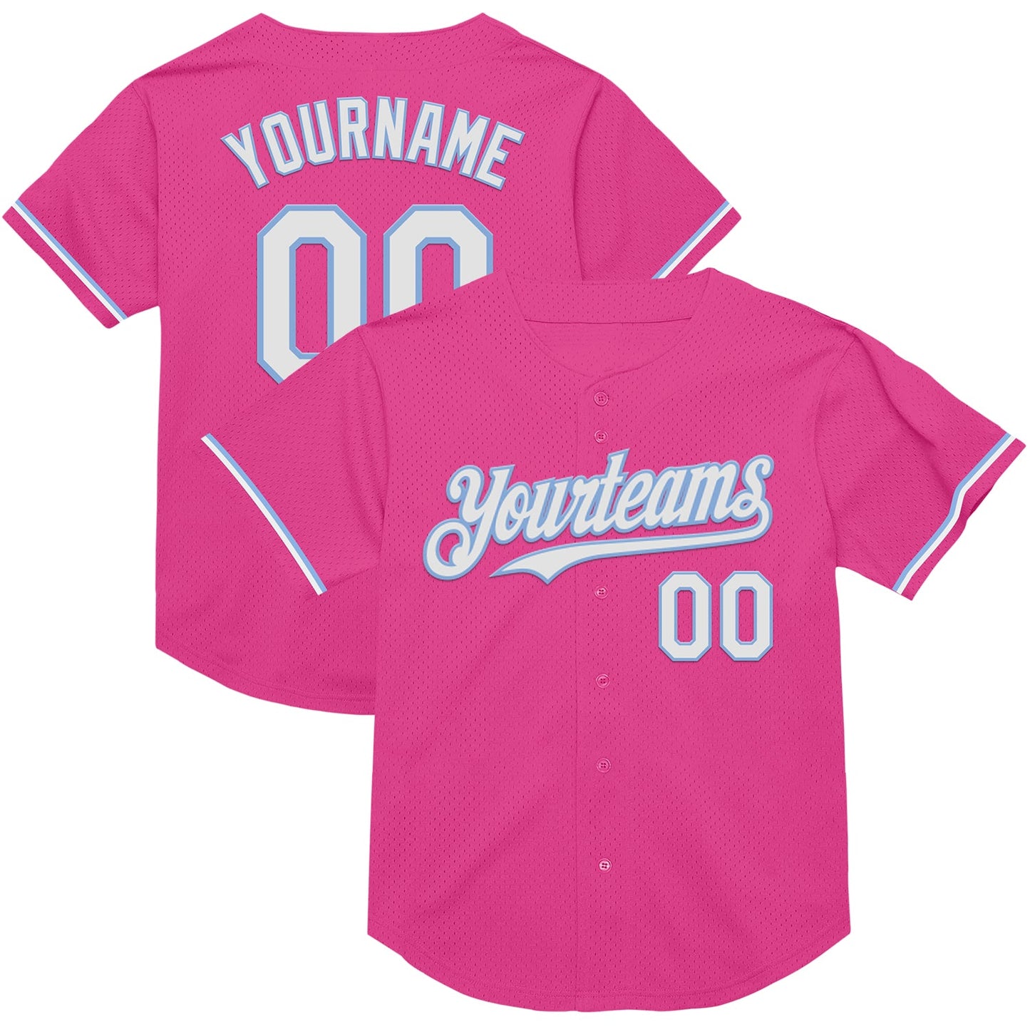 Custom Pink White-Light Blue Mesh Authentic Throwback Baseball Jersey - Main View