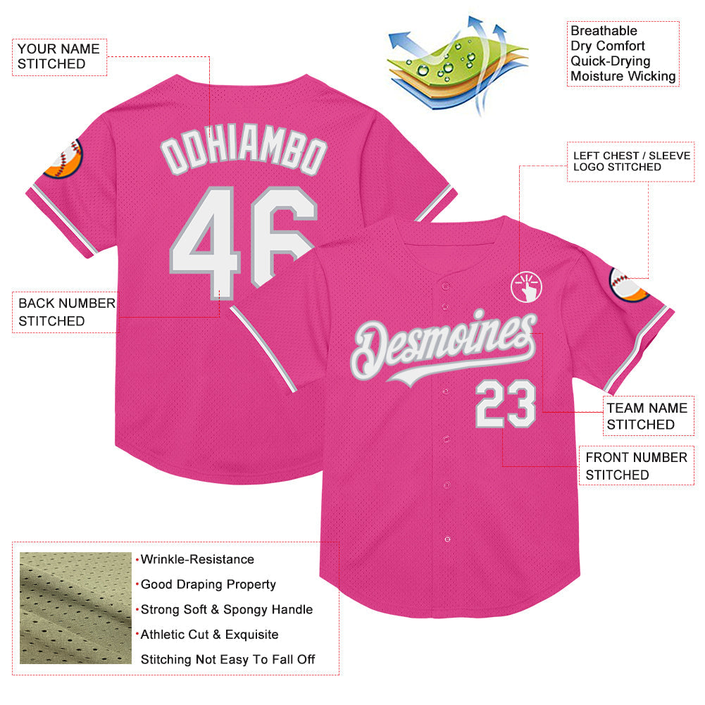 Custom Pink White-Gray Mesh Authentic Throwback Baseball Jersey view 3