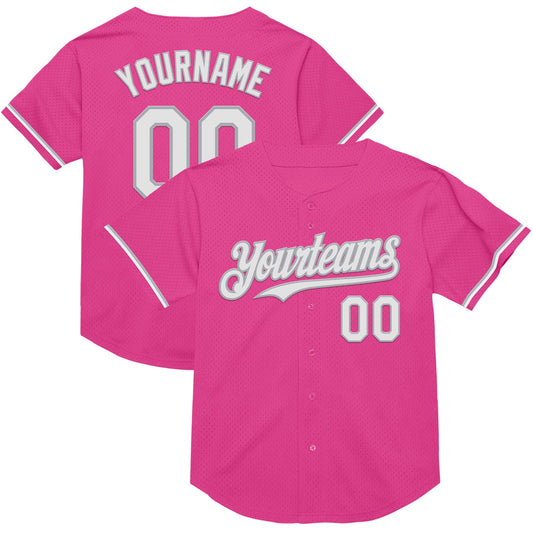 Custom Pink White-Gray Mesh Authentic Throwback Baseball Jersey - Main View