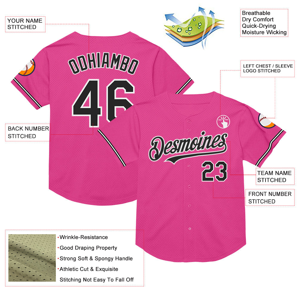 Custom Pink Black-White Mesh Authentic Throwback Baseball Jersey view 3