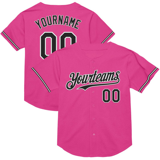 Custom Pink Black-White Mesh Authentic Throwback Baseball Jersey - Main View