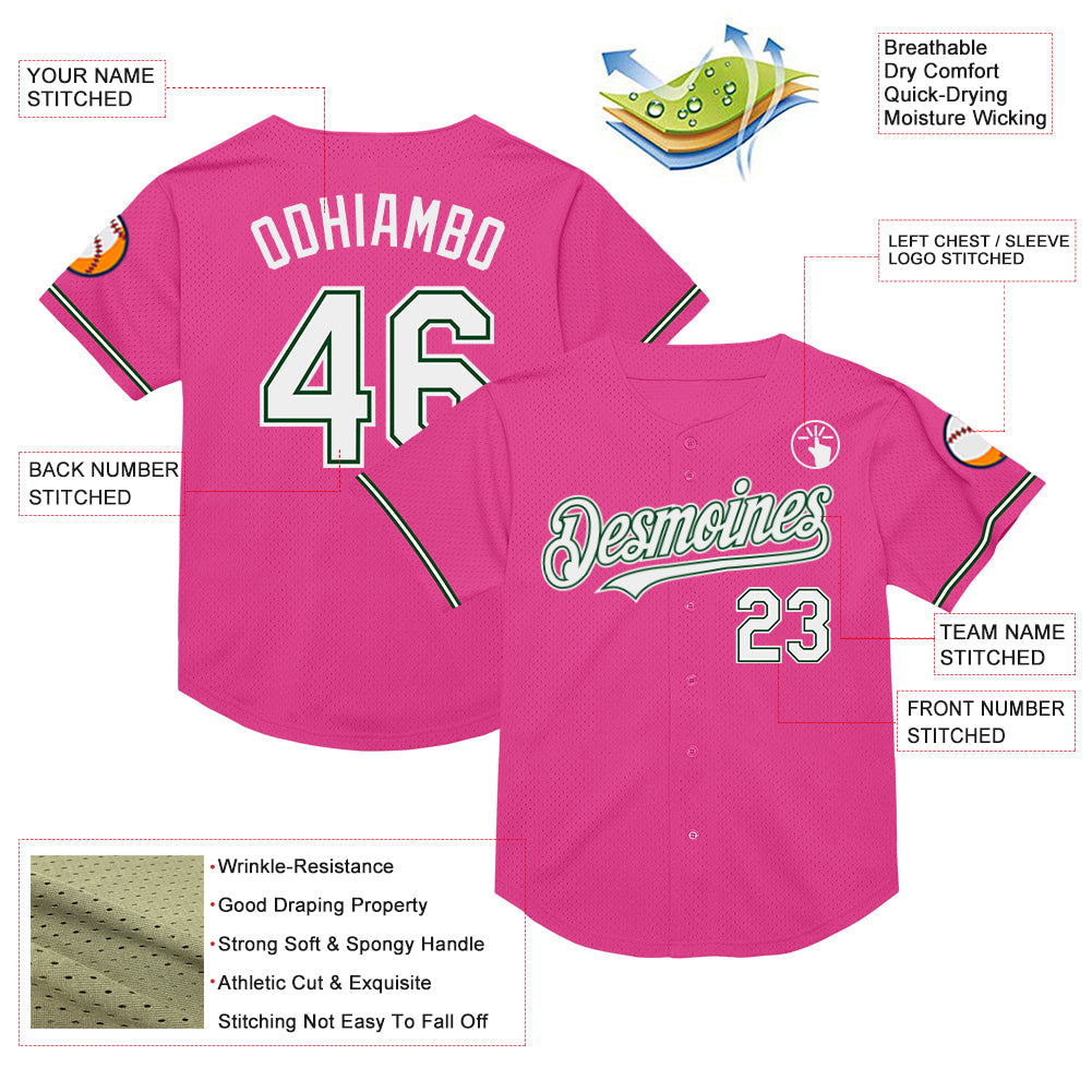 Custom Pink White-Green Mesh Authentic Throwback Baseball Jersey view 3