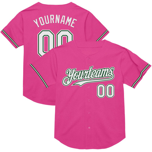 Custom Pink White-Green Mesh Authentic Throwback Baseball Jersey - Main View