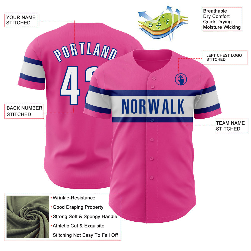 Custom Pink White-Royal Authentic Baseball Jersey view 3