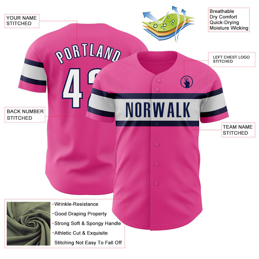 Custom Pink White-Navy Authentic Baseball Jersey view 3