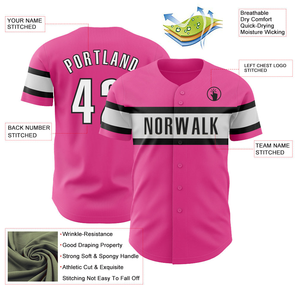 Custom Pink White-Black Authentic Baseball Jersey view 3