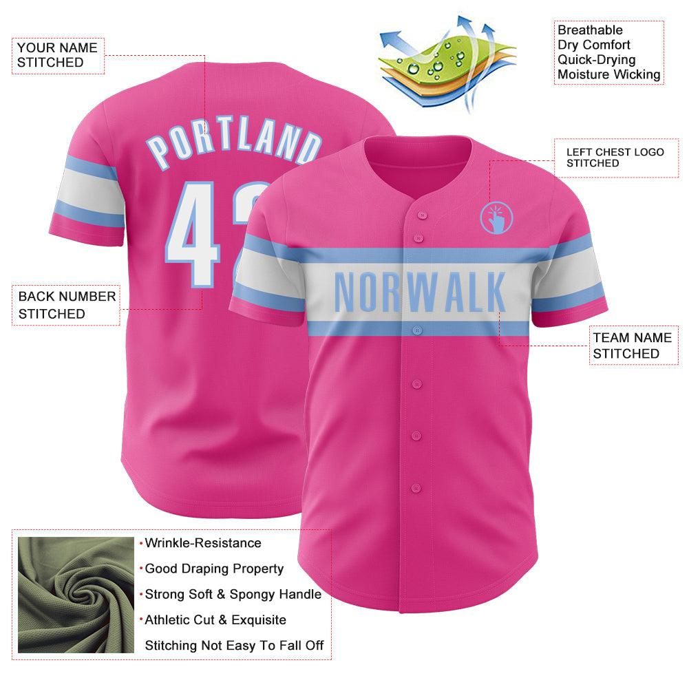 Custom Pink White-Light Blue Authentic Baseball Jersey view 3