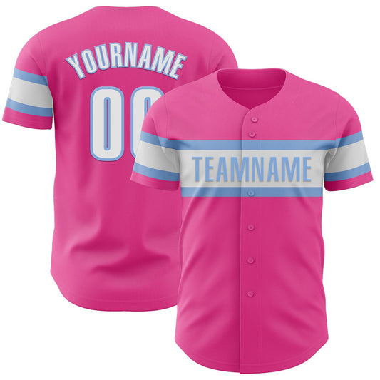 Custom Pink White-Light Blue Authentic Baseball Jersey - Main View