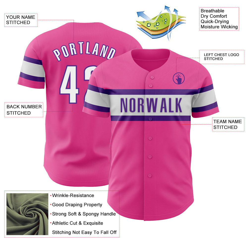 Custom Pink White-Purple Authentic Baseball Jersey view 3
