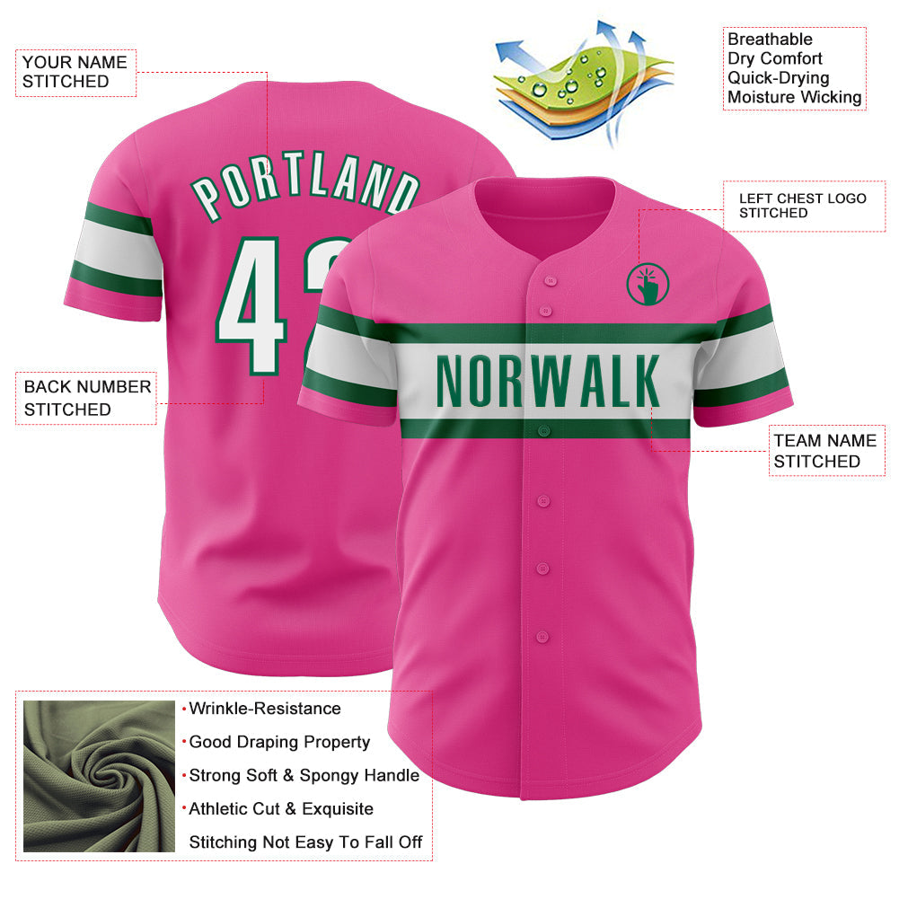 Custom Pink White-Kelly Green Authentic Baseball Jersey view 3
