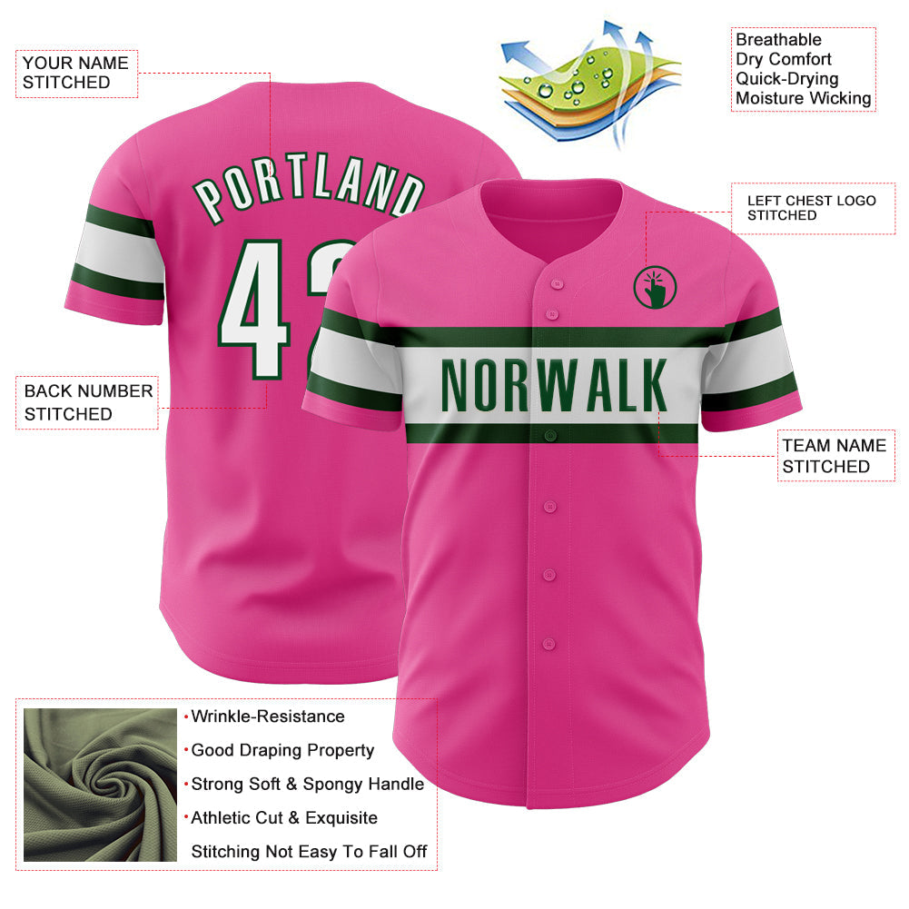 Custom Pink White-Green Authentic Baseball Jersey view 3