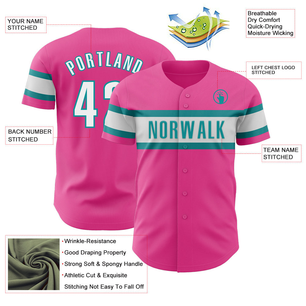 Custom Pink White-Teal Authentic Baseball Jersey view 3