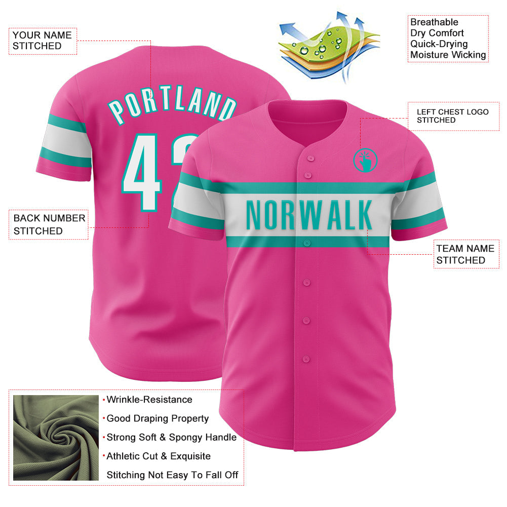 Custom Pink White-Aqua Authentic Baseball Jersey view 3