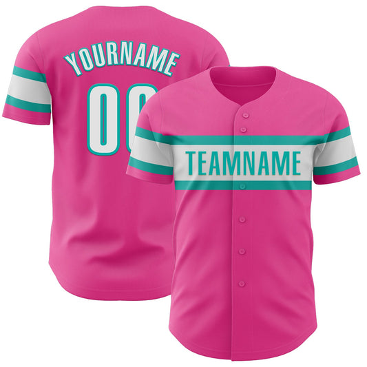 Custom Pink White-Aqua Authentic Baseball Jersey - Main View