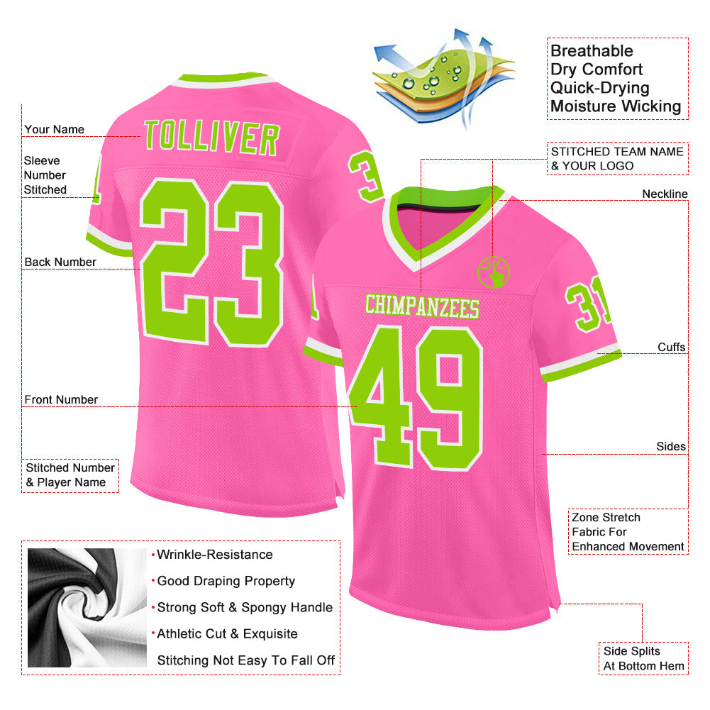 Custom Pink Neon Green-White Mesh Authentic Throwback Football Jersey view 2