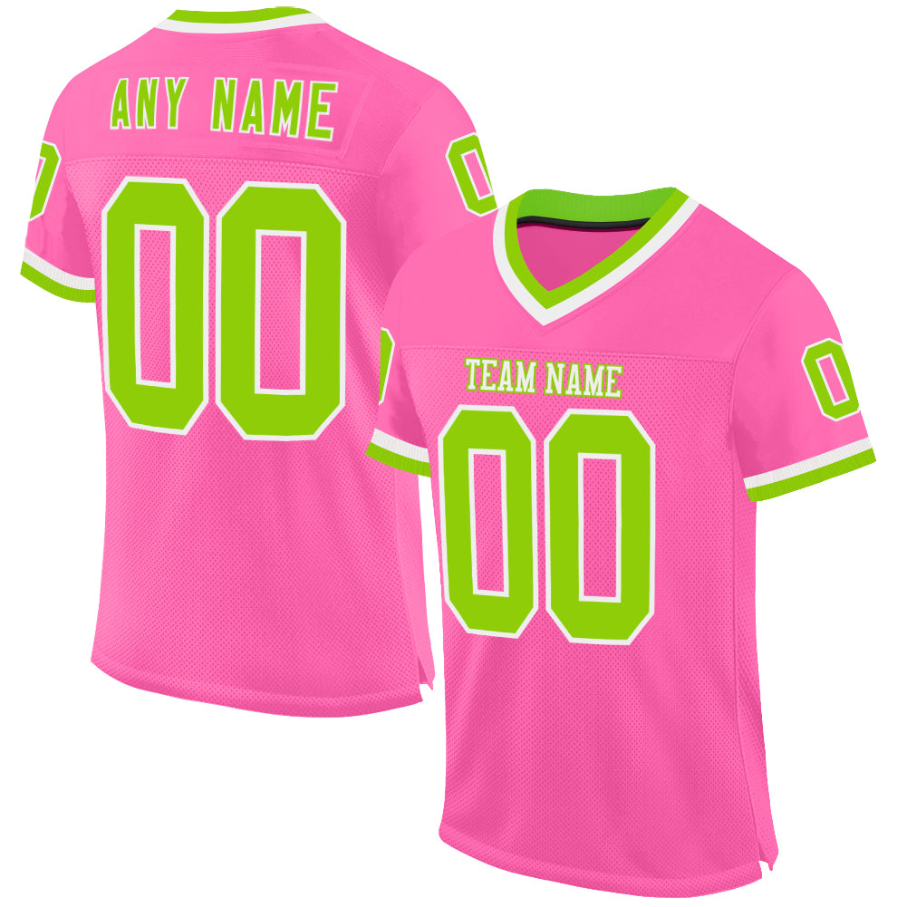 Custom Pink Neon Green-White Mesh Authentic Throwback Football Jersey - Main View