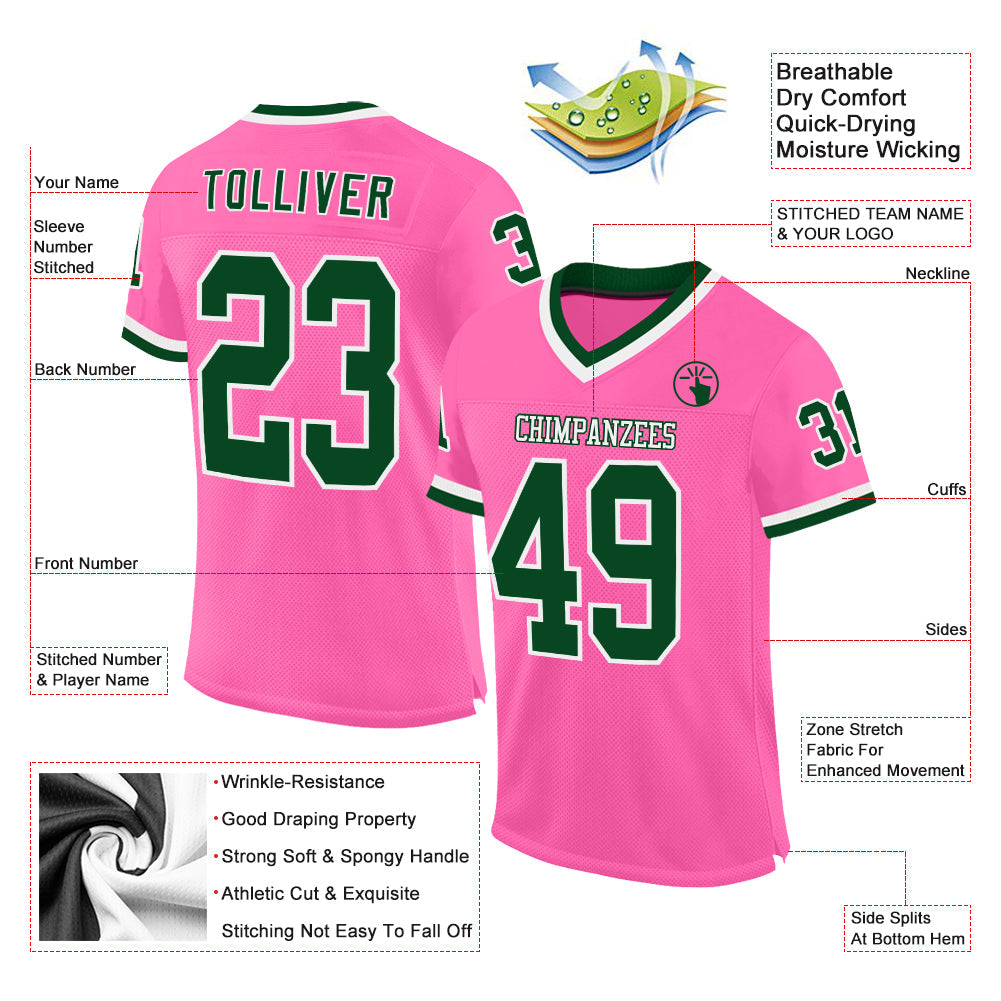 Custom Pink Green-White Mesh Authentic Throwback Football Jersey view 2