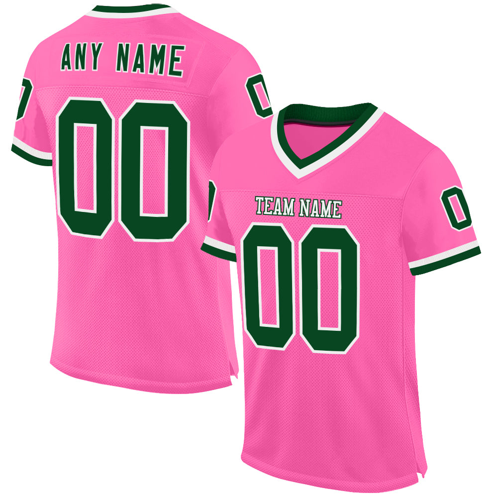 Custom Pink Green-White Mesh Authentic Throwback Football Jersey - Main View