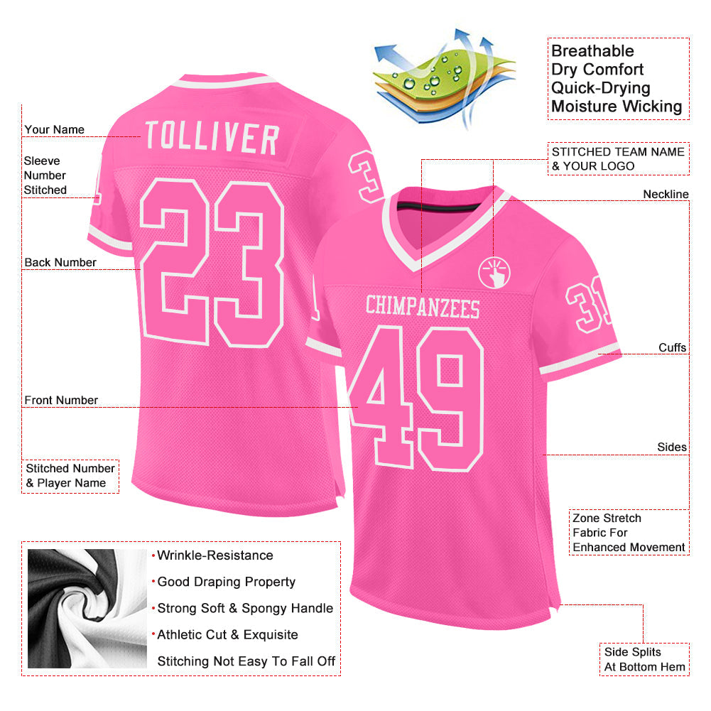 Custom Pink White Mesh Authentic Throwback Football Jersey view 2