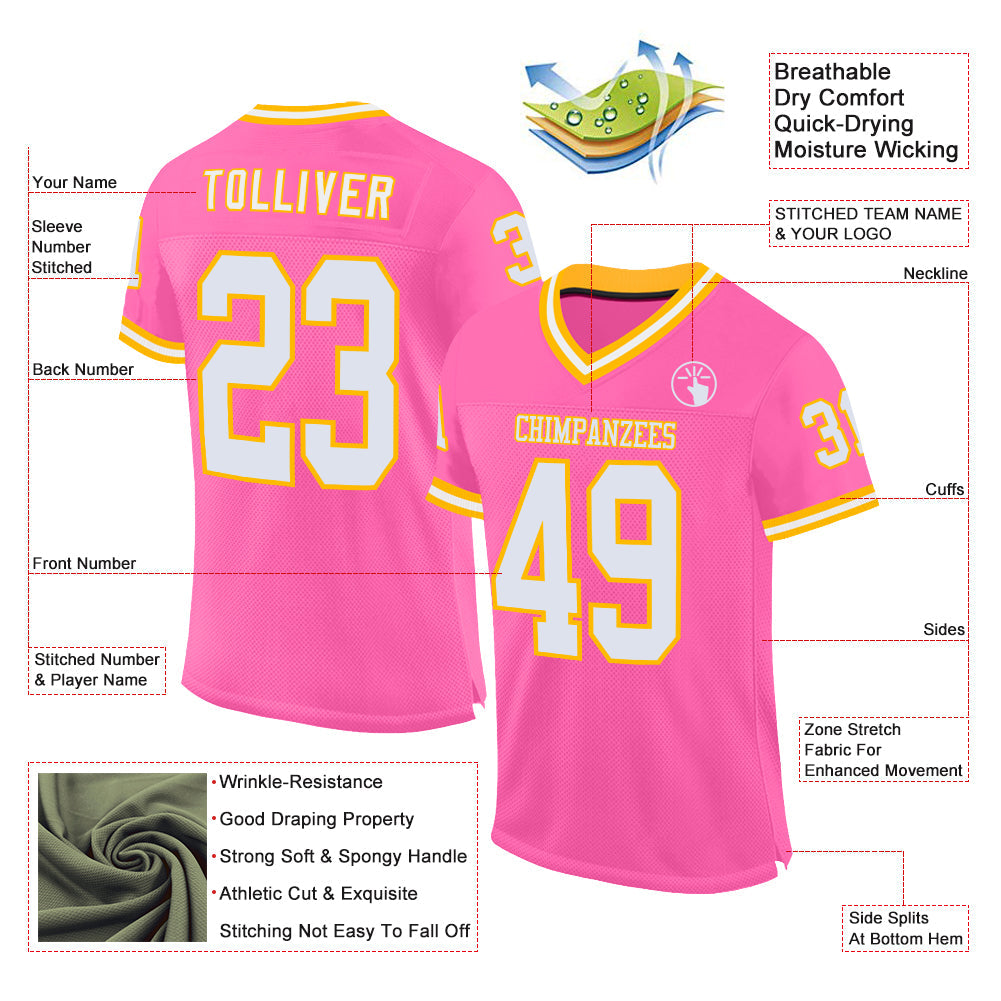Custom Pink White-Gold Mesh Authentic Throwback Football Jersey view 2