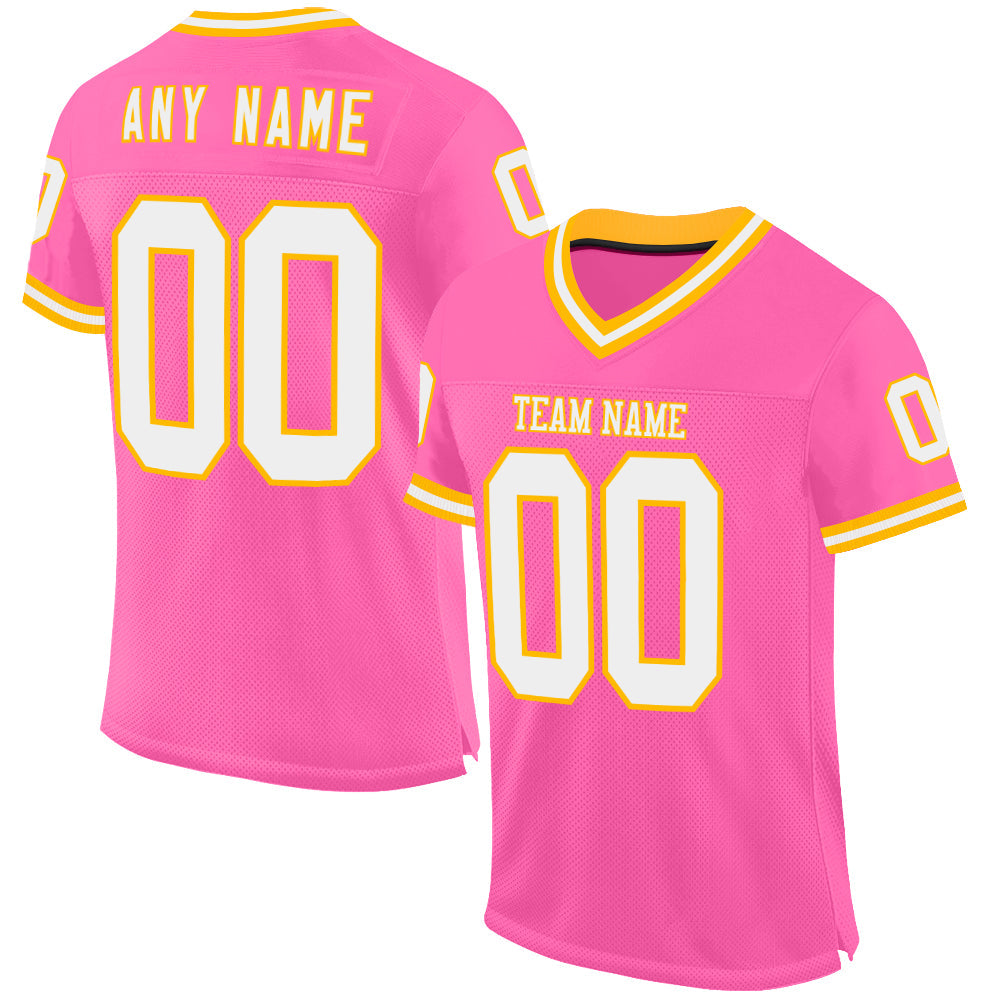 Custom Pink White-Gold Mesh Authentic Throwback Football Jersey - Main View