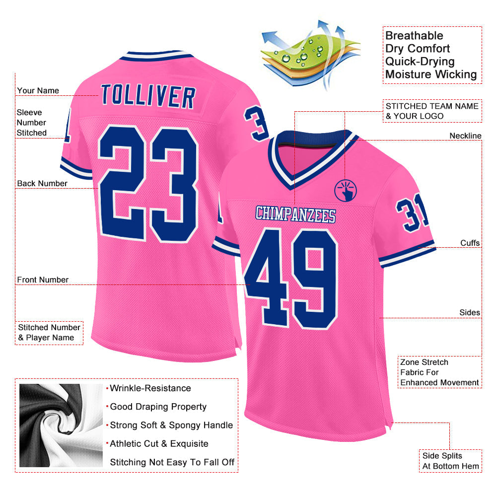 Custom Pink Royal-White Mesh Authentic Throwback Football Jersey view 2