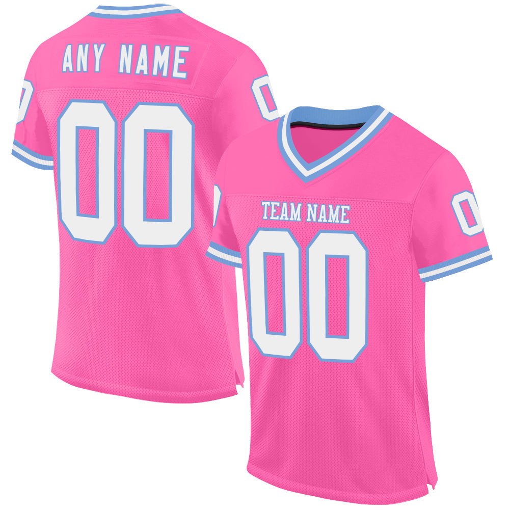 Custom Pink White-Light Blue Mesh Authentic Throwback Football Jersey - Main View