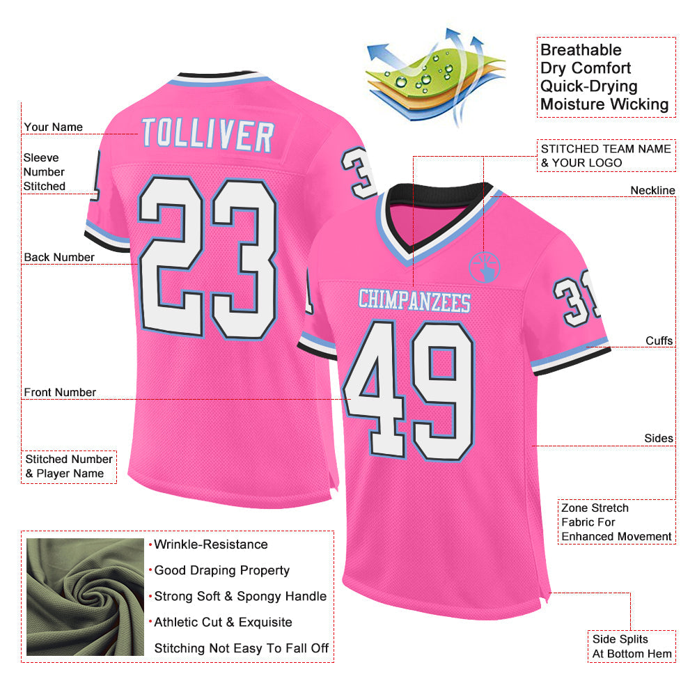 Custom Pink Black-Light Blue Mesh Authentic Throwback Football Jersey view 2