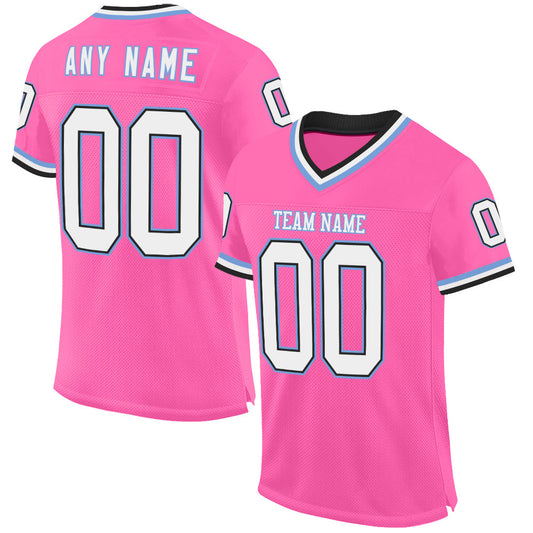 Custom Pink Black-Light Blue Mesh Authentic Throwback Football Jersey - Main View
