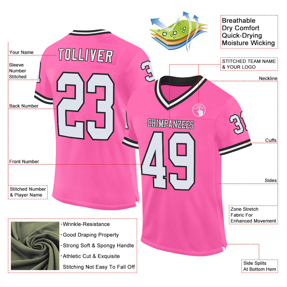 Custom Pink White-Black Mesh Authentic Throwback Football Jersey view 2