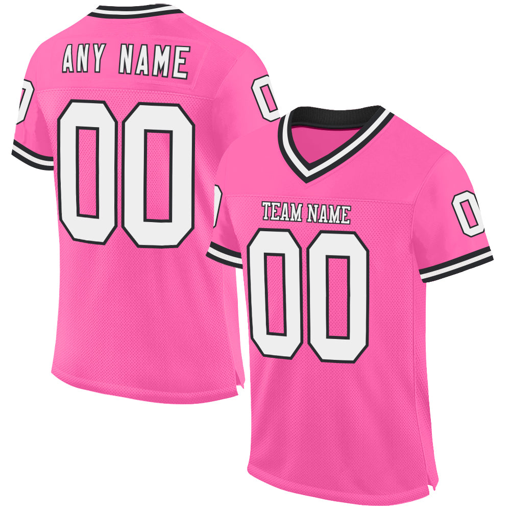 Custom Pink White-Black Mesh Authentic Throwback Football Jersey - Main View